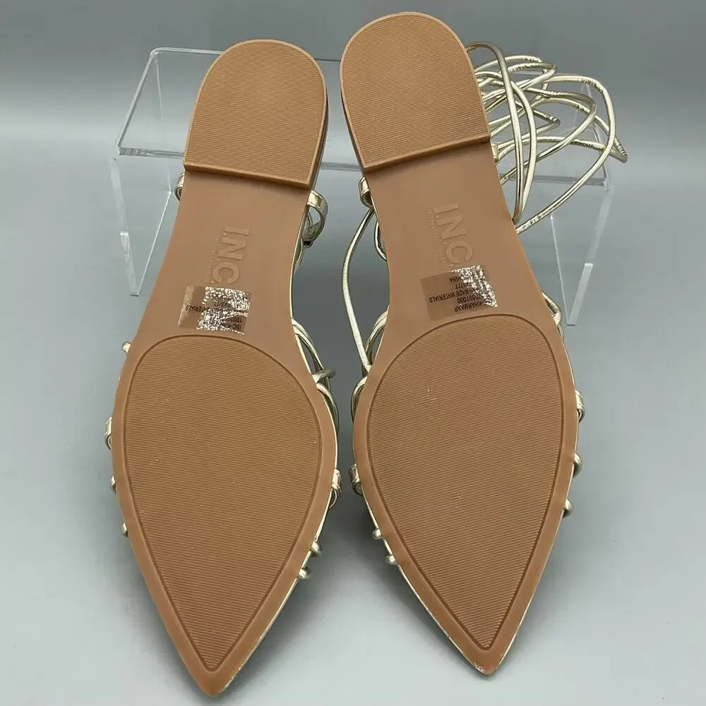 NEW INC Women’s Kharmaa Lace Up Flat Sandals Gold Size 11M
